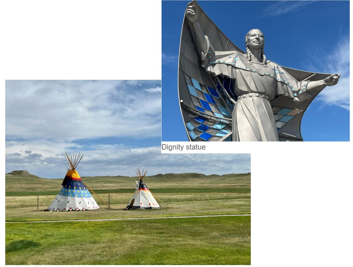 Indegenous statue and traditional homes